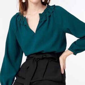 J Crew Green Crepe Ruffle Neck Top Small NWT